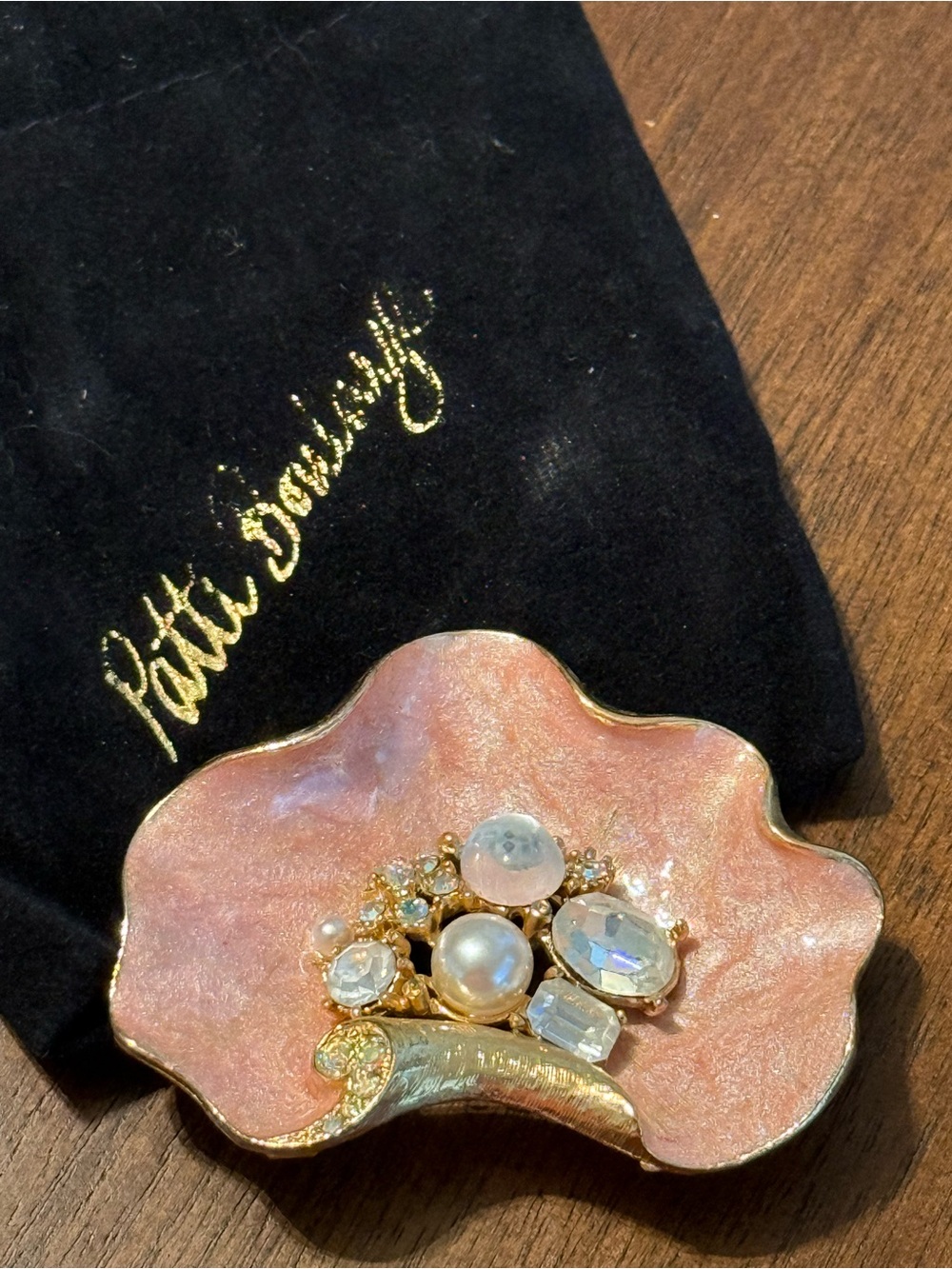 Enameled Pink Pearl and Crystal Shell Brooch with Gold Accents